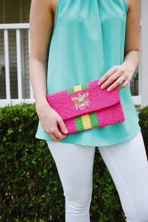 Queen Bee Striped Beaded Clutch Pink