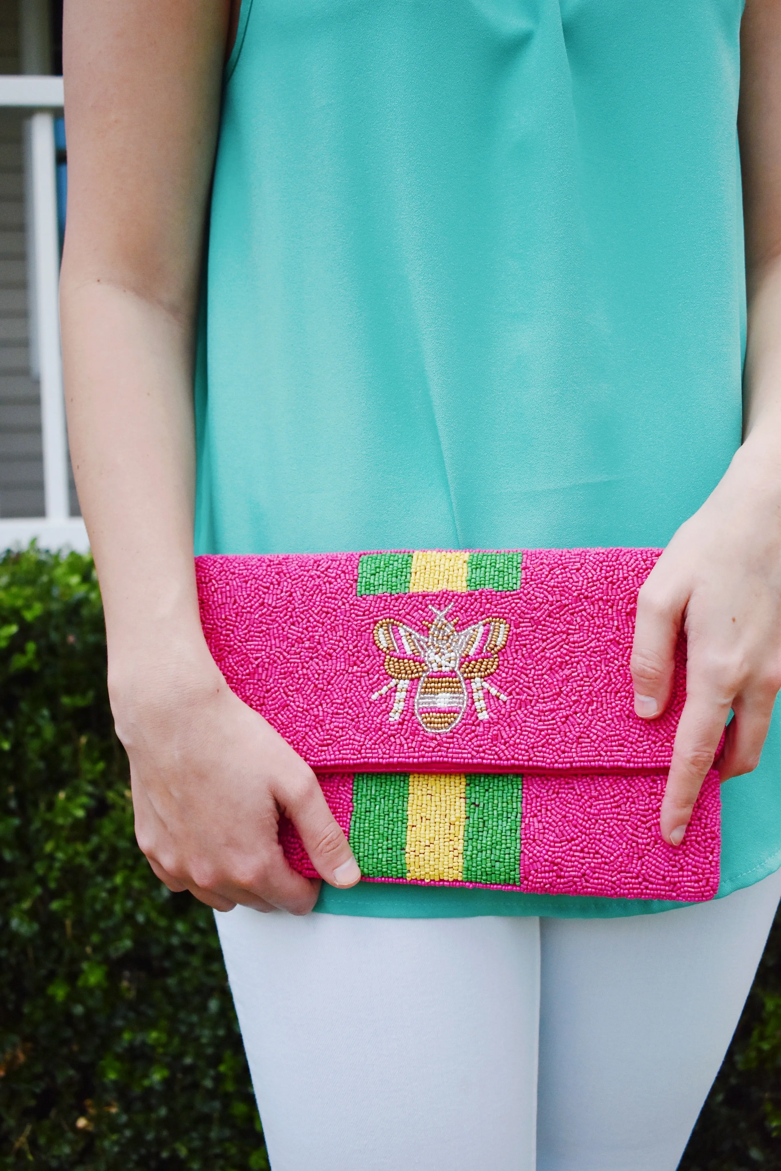 Queen Bee Striped Beaded Clutch Pink