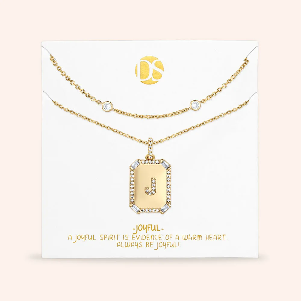 "Twin Token" Set of Two Baguette Initial Plate & Station Layering Necklaces