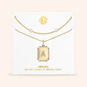 "Twin Token" Set of Two Baguette Initial Plate & Station Layering Necklaces