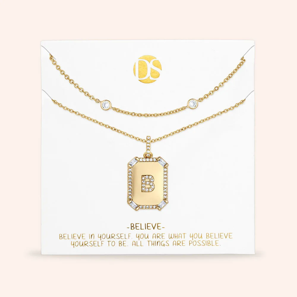 "Twin Token" Set of Two Baguette Initial Plate & Station Layering Necklaces