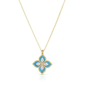 Roberto Coin 18k Yellow & White Gold Venetian Princess Flower Turquoise & Diamond Necklace 16-18" Adjustable Chain (D=.15)