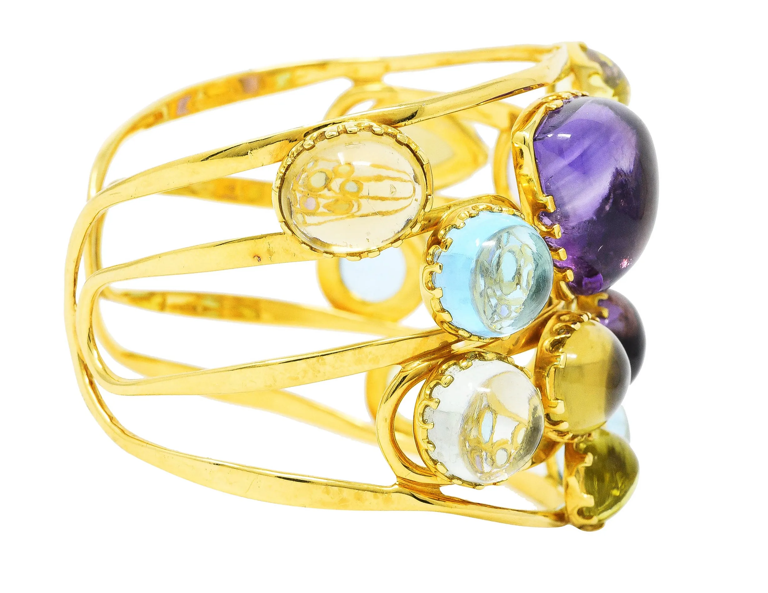Roberto Coin 1990's Amethyst Peridot Topaz Citrine 18 Karat Yellow Gold Ipanema Vintage Multi-Gem Cuff Bracelet