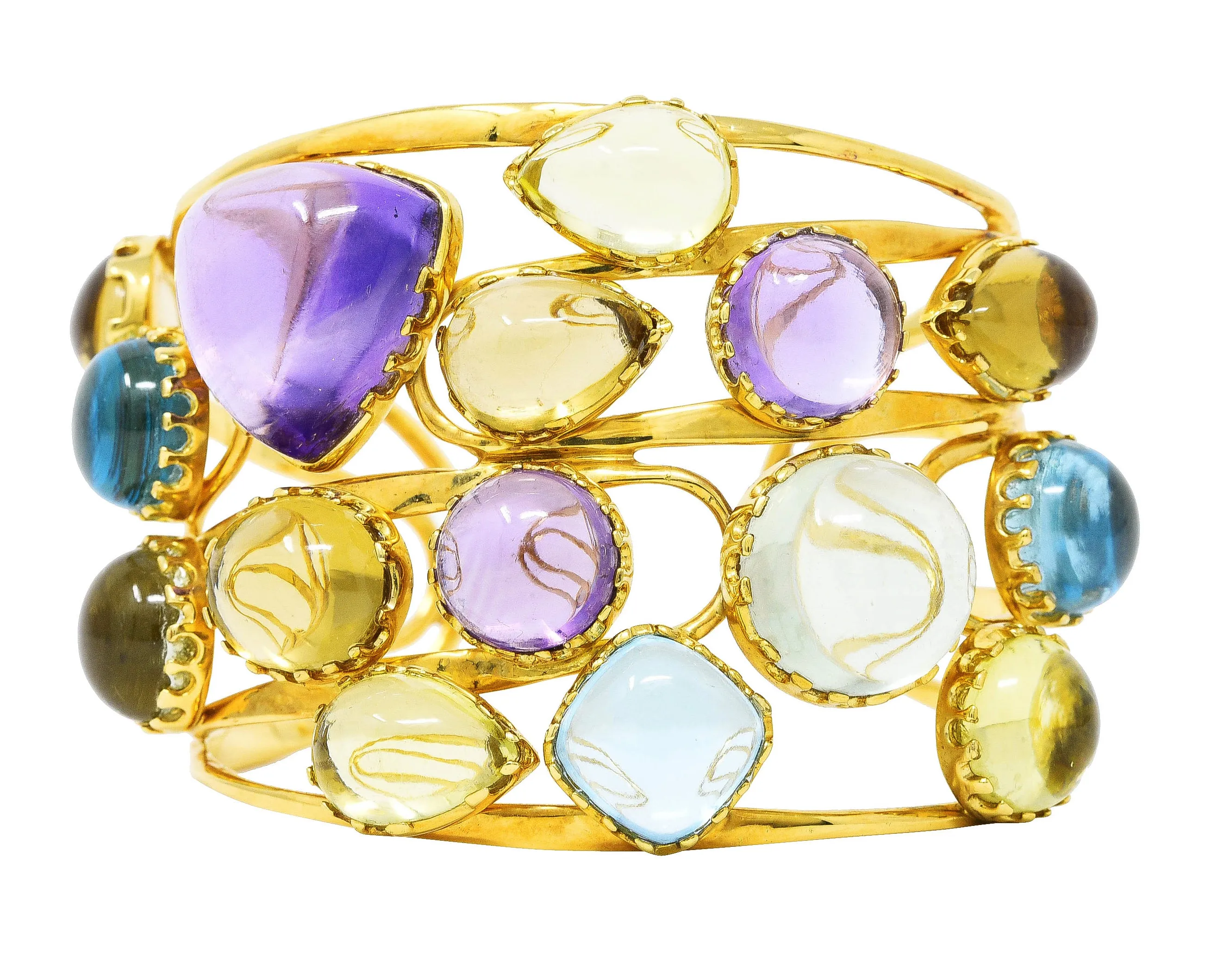 Roberto Coin 1990's Amethyst Peridot Topaz Citrine 18 Karat Yellow Gold Ipanema Vintage Multi-Gem Cuff Bracelet