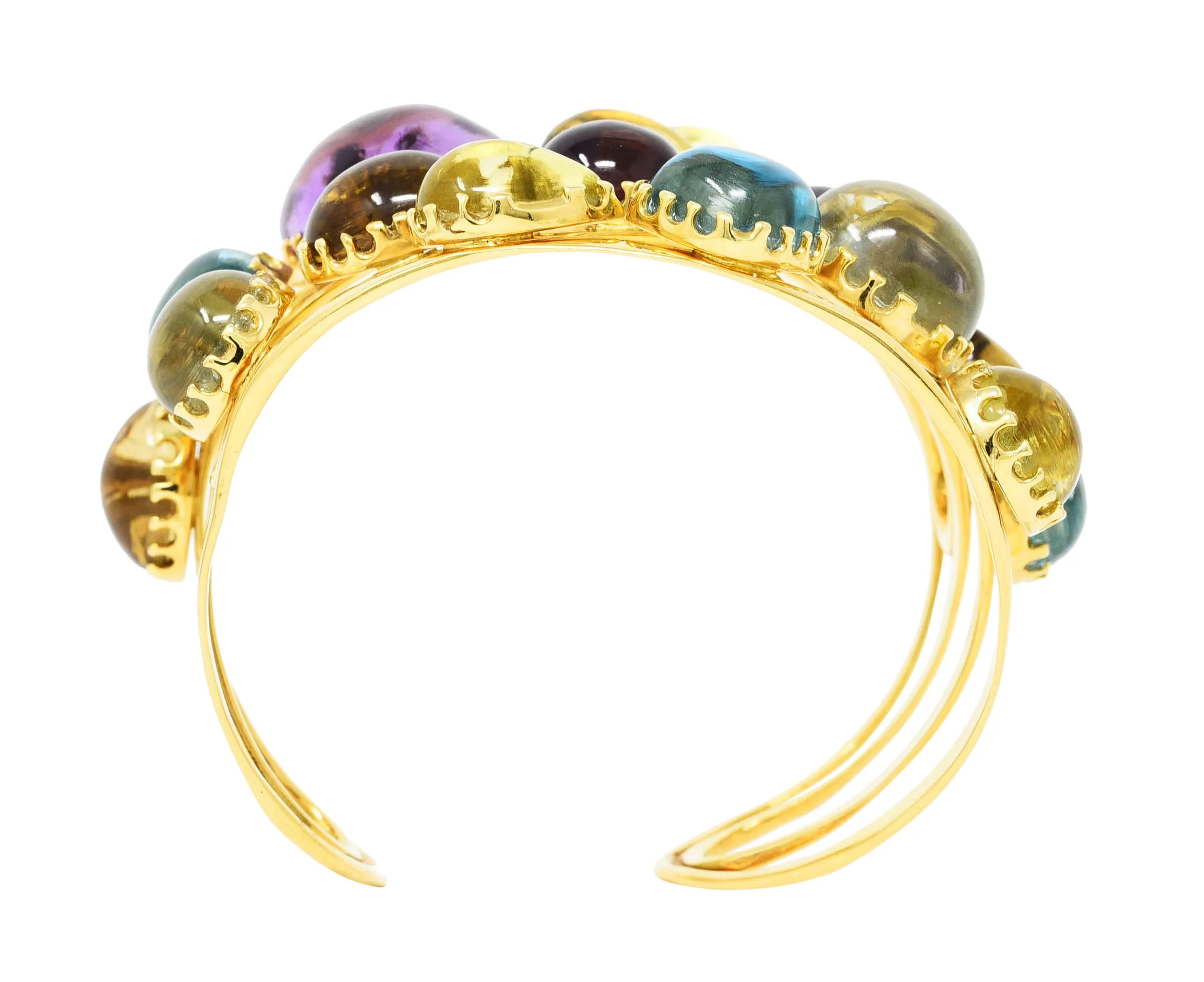 Roberto Coin 1990's Amethyst Peridot Topaz Citrine 18 Karat Yellow Gold Ipanema Vintage Multi-Gem Cuff Bracelet