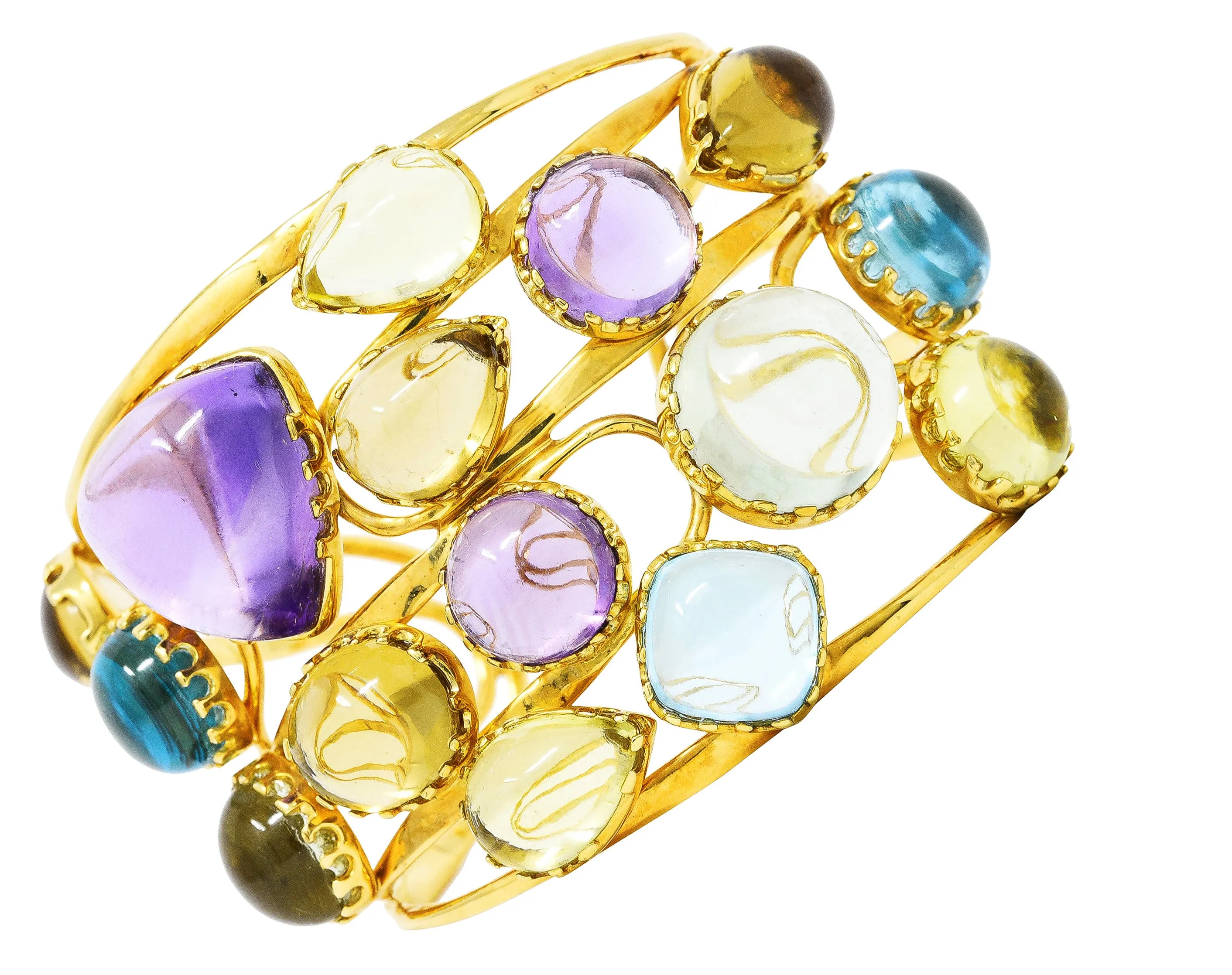 Roberto Coin 1990's Amethyst Peridot Topaz Citrine 18 Karat Yellow Gold Ipanema Vintage Multi-Gem Cuff Bracelet