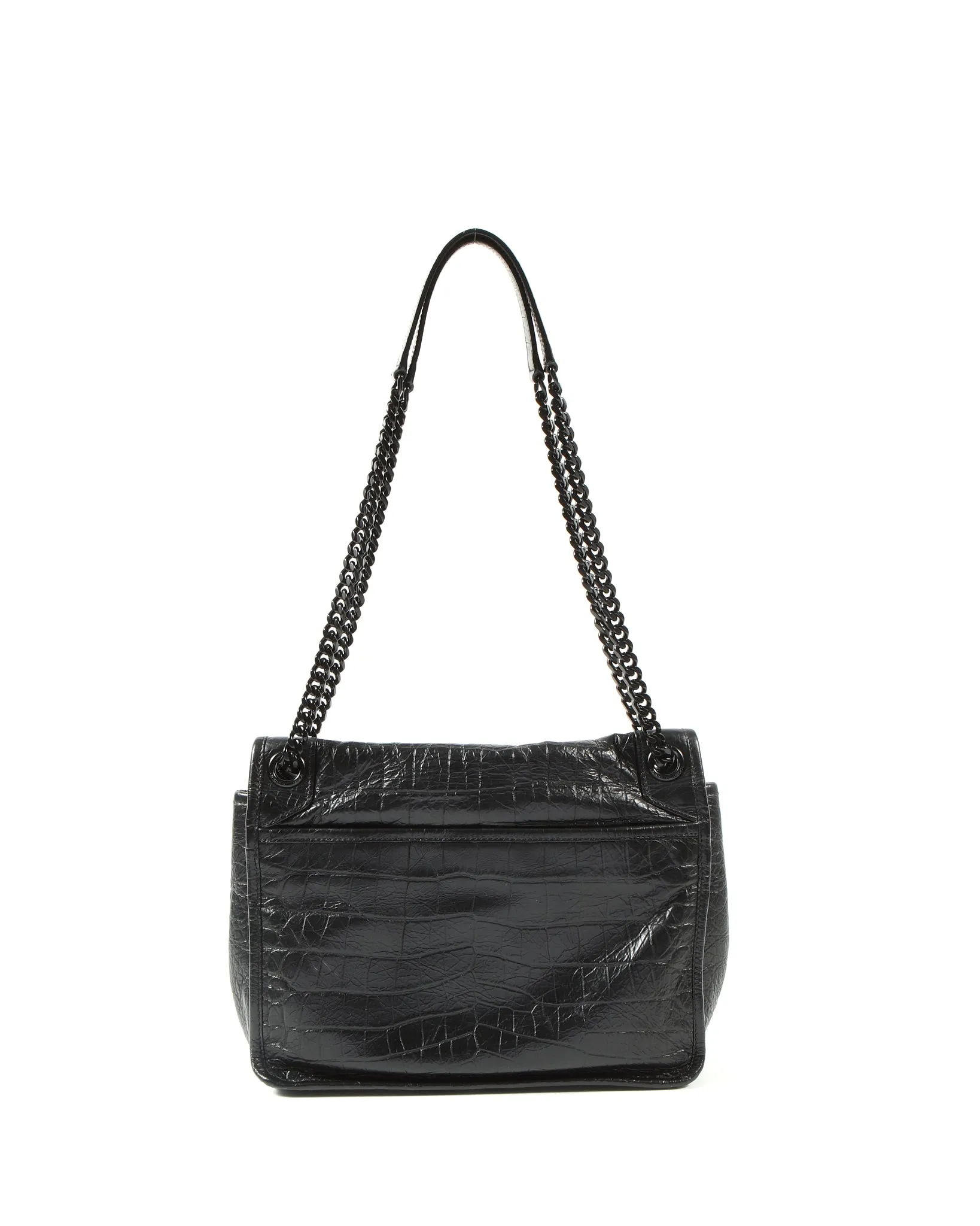 Saint Laurent All Black Croc Nubuck Embossed Leather Niki Medium Chain Bag