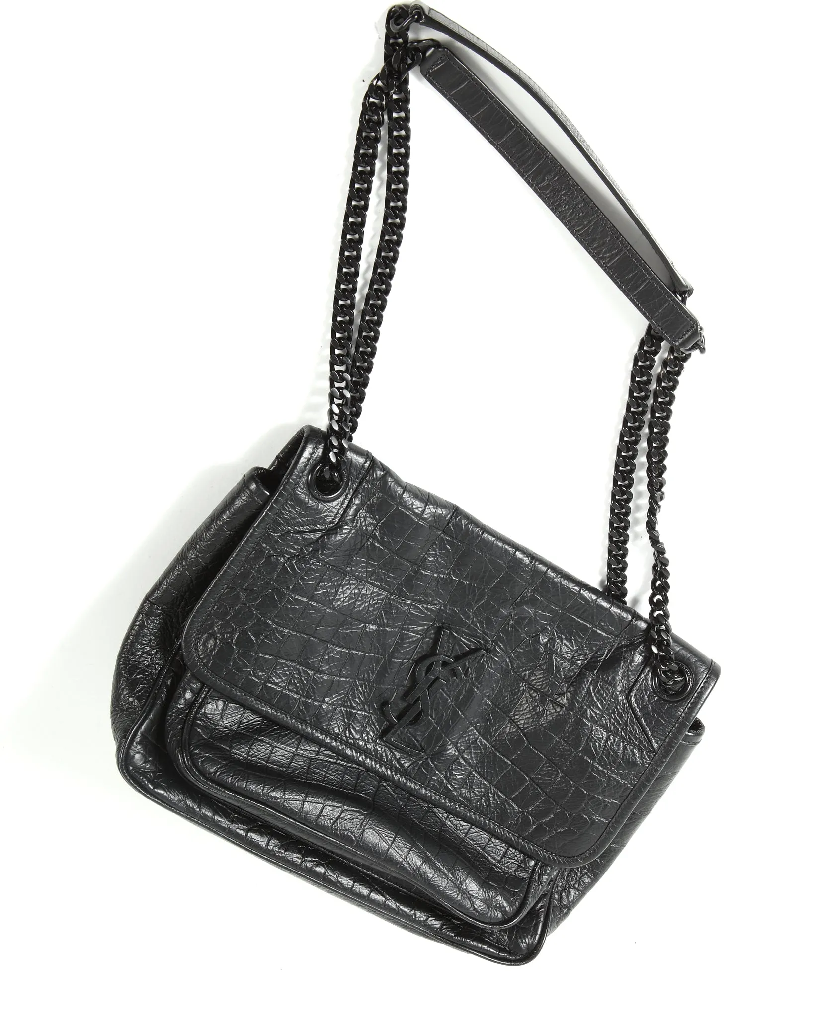 Saint Laurent All Black Croc Nubuck Embossed Leather Niki Medium Chain Bag