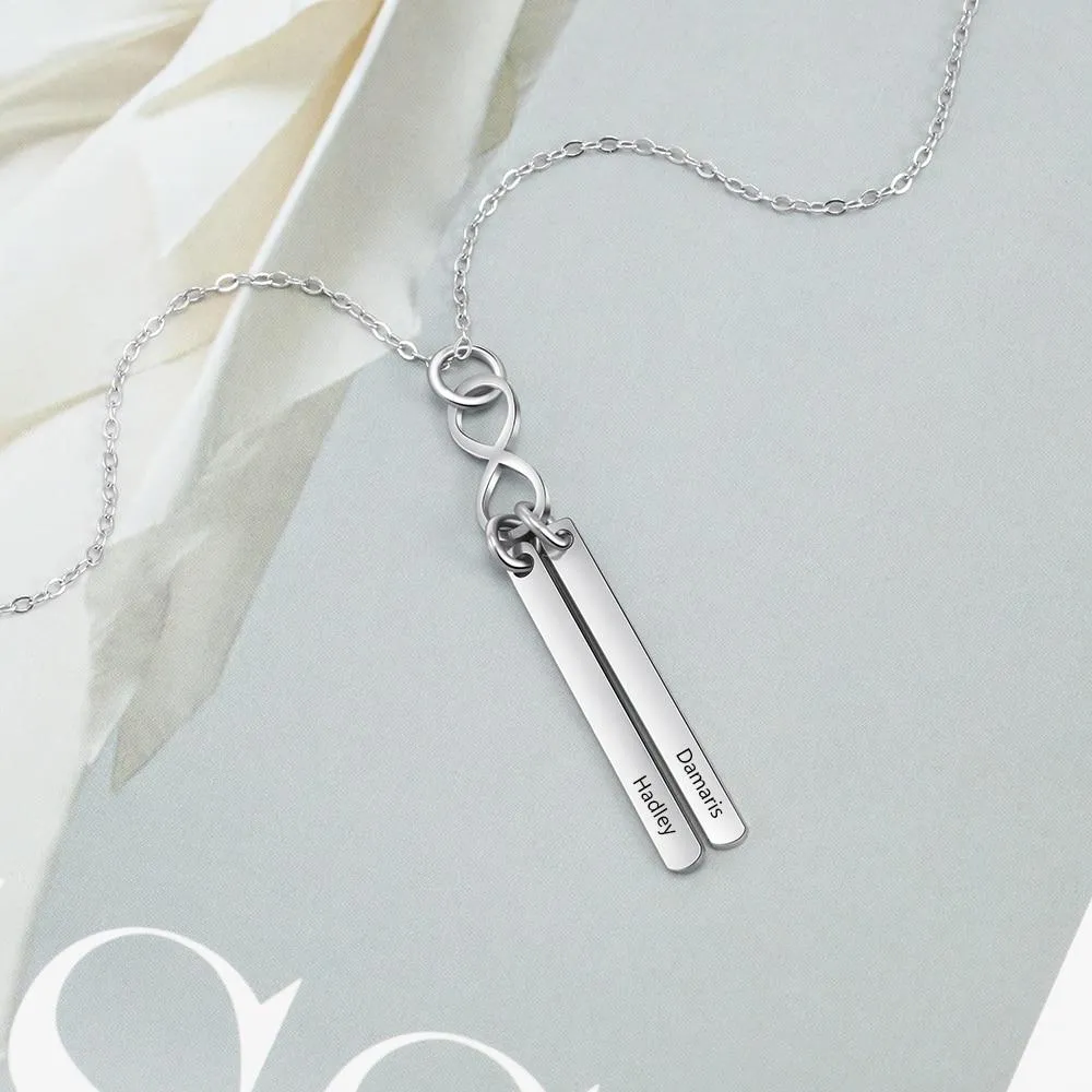 Stainless Steel Infinity Initial Name Vertical Bar Pendant Necklace, Fashion Jewelry Gift for Women.
