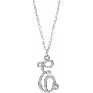 Sterling Silver .02 CT Diamond Script Initial E 16-18" Necklace