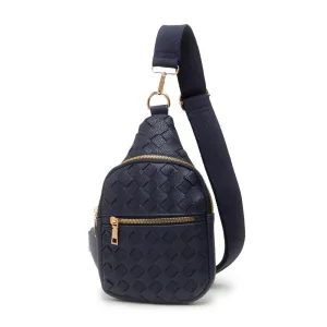 Vegan Leather Basket Weave Sling Bag With Adjustable Nylon Strap-Black