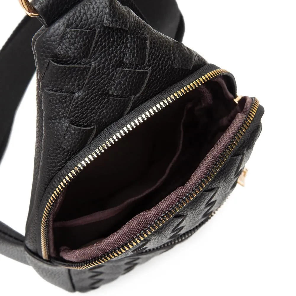 Vegan Leather Basket Weave Sling Bag With Adjustable Nylon Strap-Black