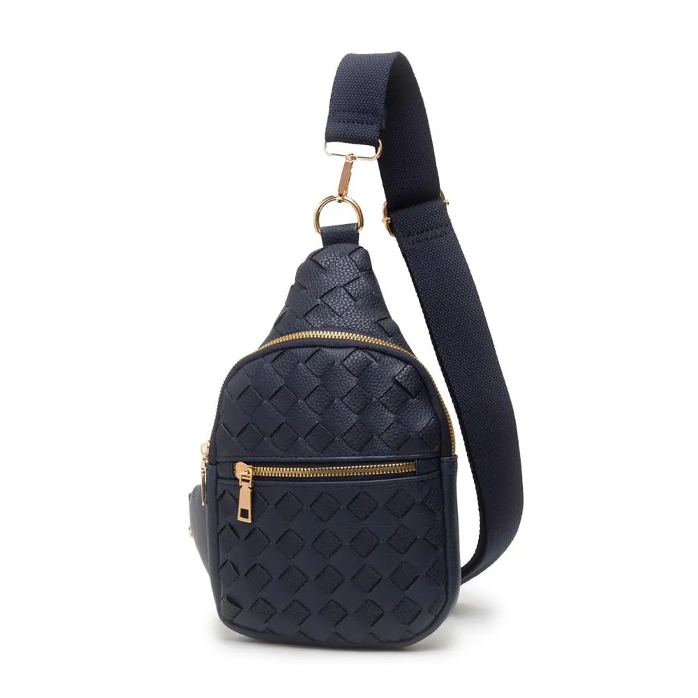 Vegan Leather Basket Weave Sling Bag With Adjustable Nylon Strap-Black