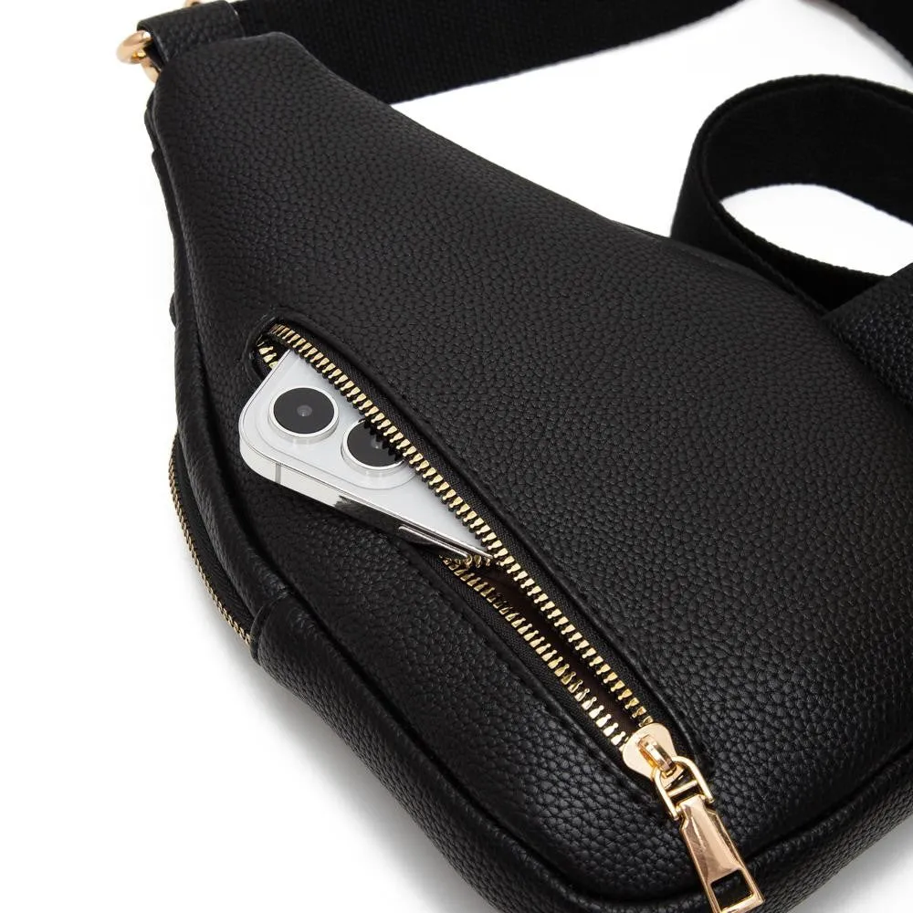 Vegan Leather Basket Weave Sling Bag With Adjustable Nylon Strap-Black