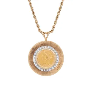 Vintage Diamond Coin Medallion Necklace 1906 D Coronet Head Gold $5 Half Eagle