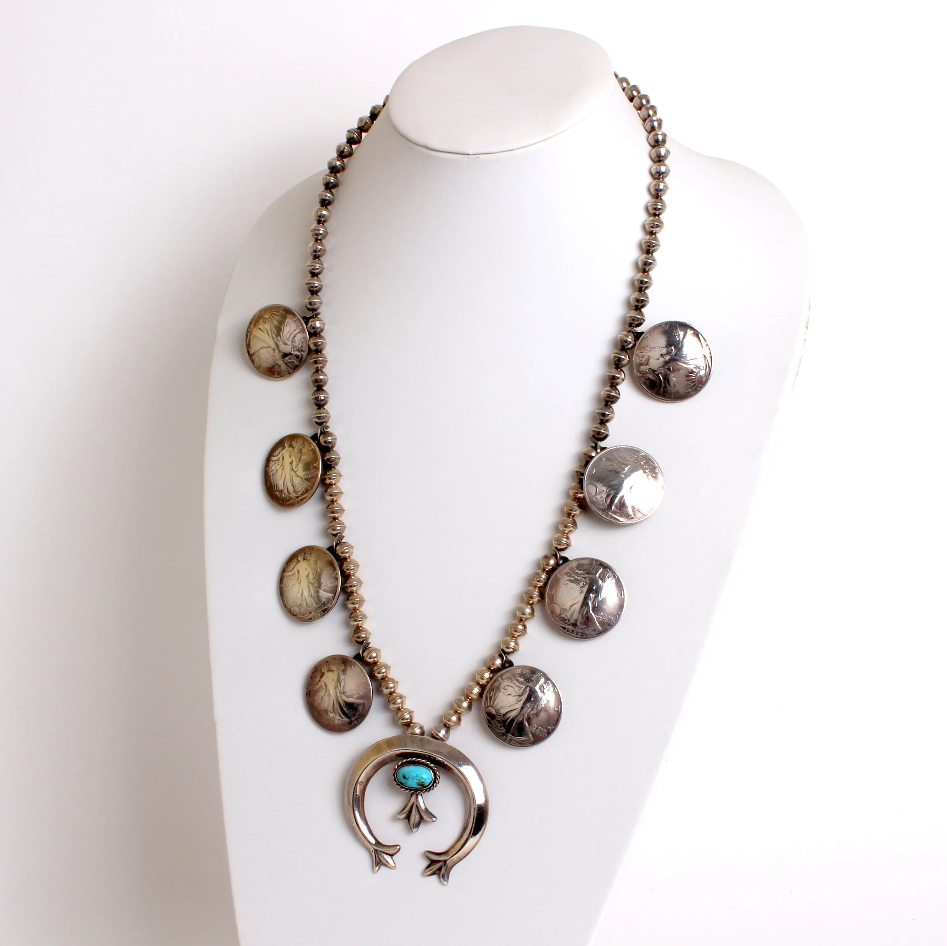 Vintage Sterling Silver & Turquoise Walking Liberty Coin Squash Blossom Necklace