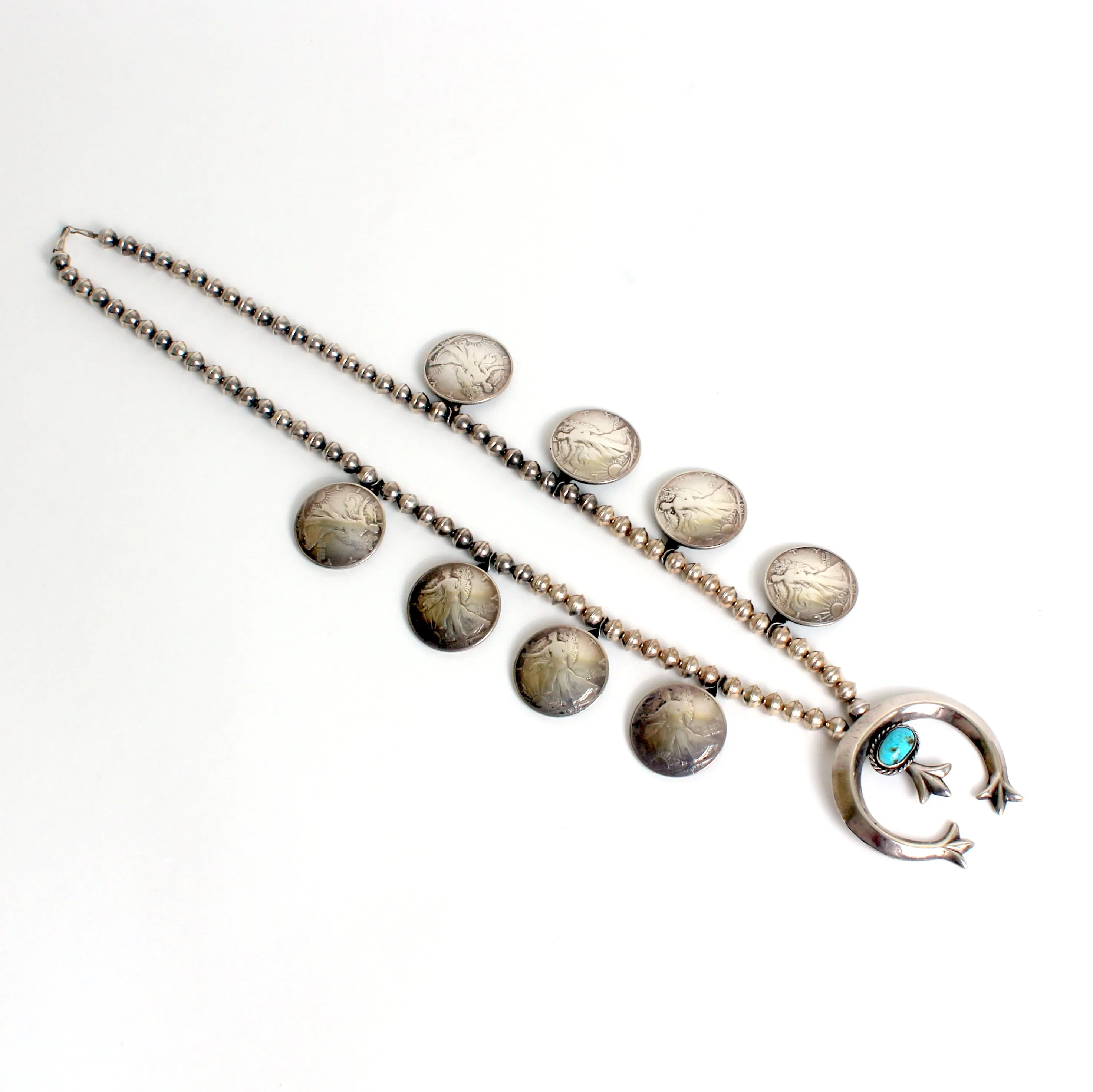 Vintage Sterling Silver & Turquoise Walking Liberty Coin Squash Blossom Necklace