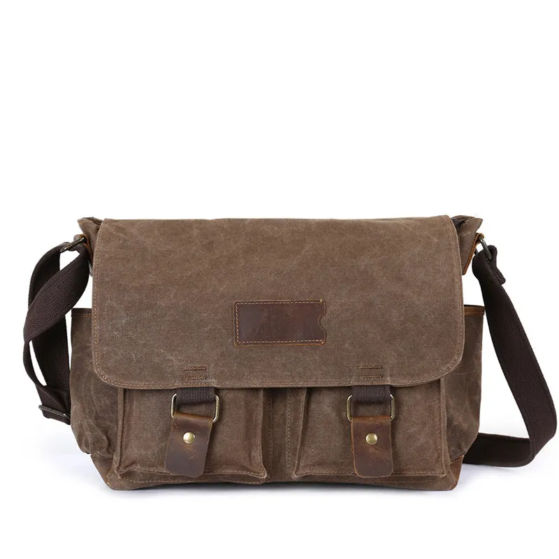 Waxed Canvas Crazy Horse Leather Messenger Bag Crossbody Shoulder Bag Laptop Bag