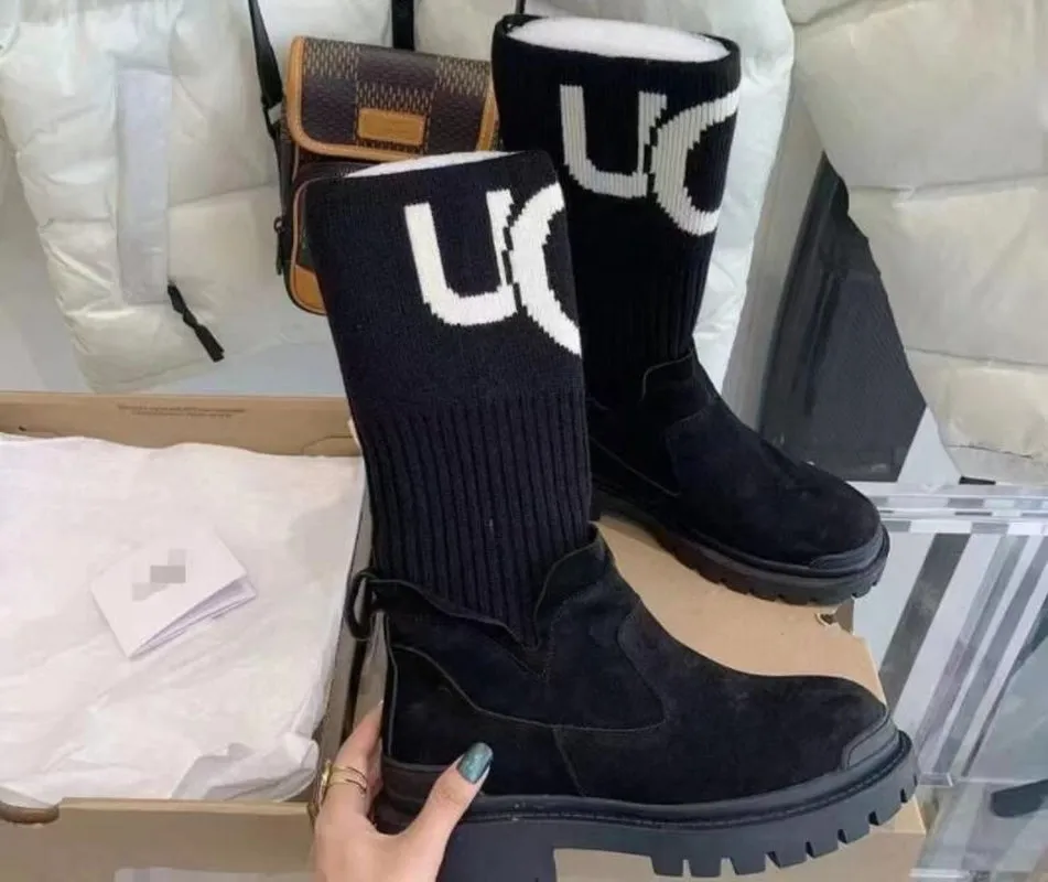 Women'S Fashion Snow Boots Thick Soled Elastic Knitting Stitching Warm Socks Slippers Platform Boots