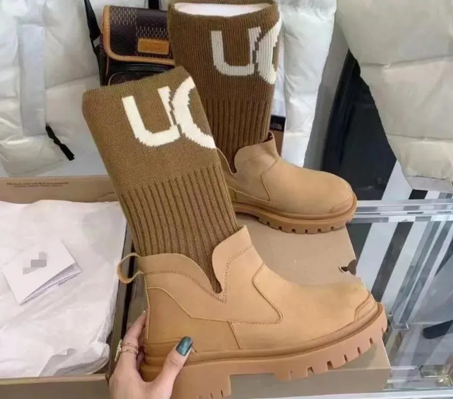 Women'S Fashion Snow Boots Thick Soled Elastic Knitting Stitching Warm Socks Slippers Platform Boots