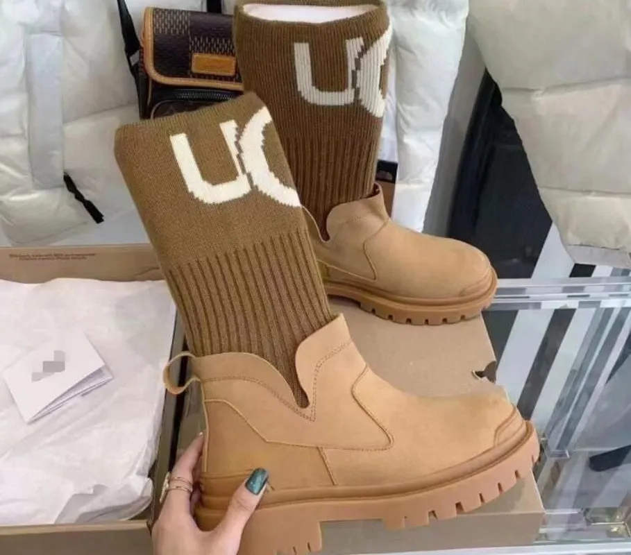 Women'S Fashion Snow Boots Thick Soled Elastic Knitting Stitching Warm Socks Slippers Platform Boots