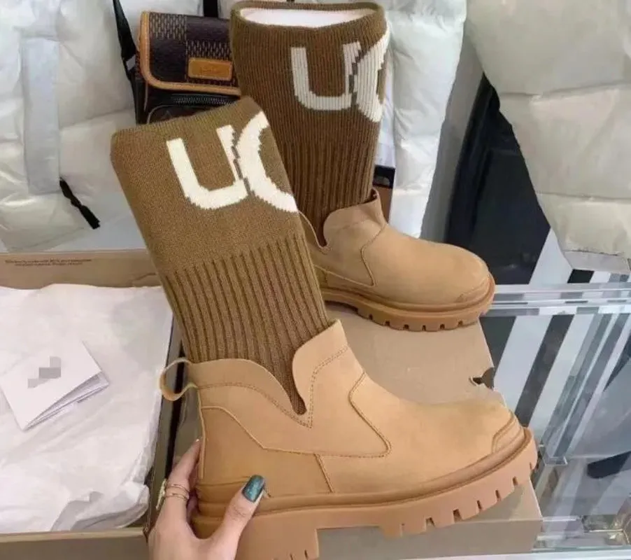 Women'S Fashion Snow Boots Thick Soled Elastic Knitting Stitching Warm Socks Slippers Platform Boots