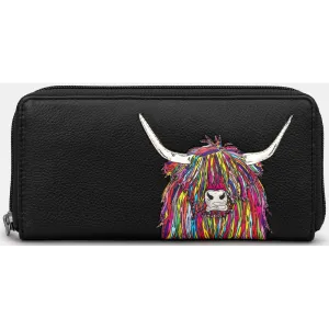 Yoshi Highland Cow Black Leather Zip Round Purse
