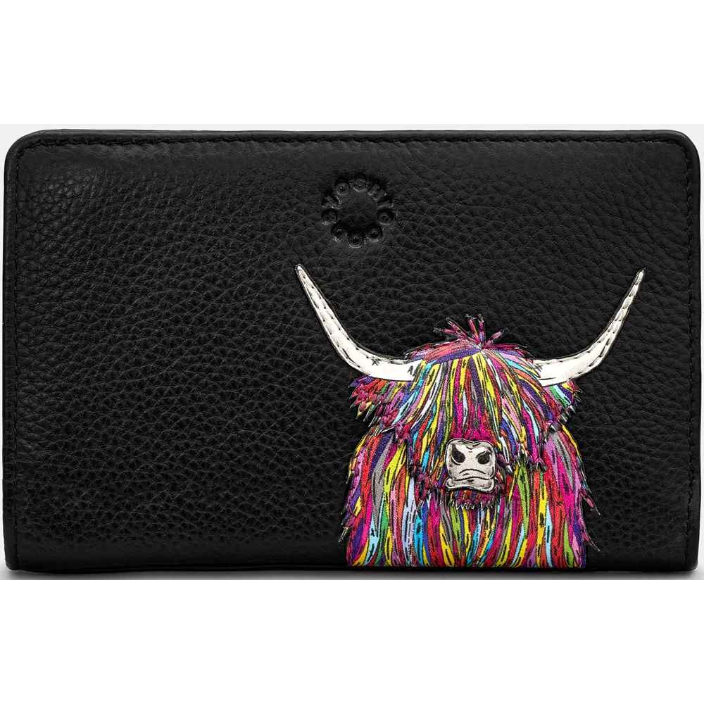 Yoshi Highland Cow Zip Around Black Leather Purse