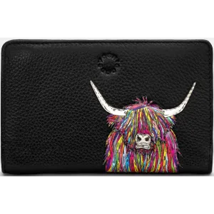 Yoshi Highland Cow Zip Around Black Leather Purse